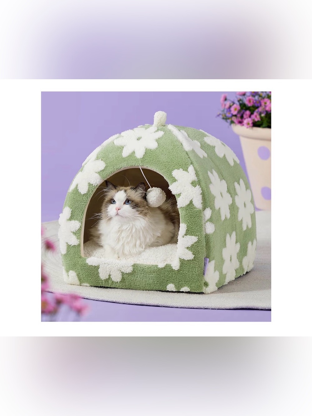 Cozy Green Floral Cat Cave Bed with Pom Toy